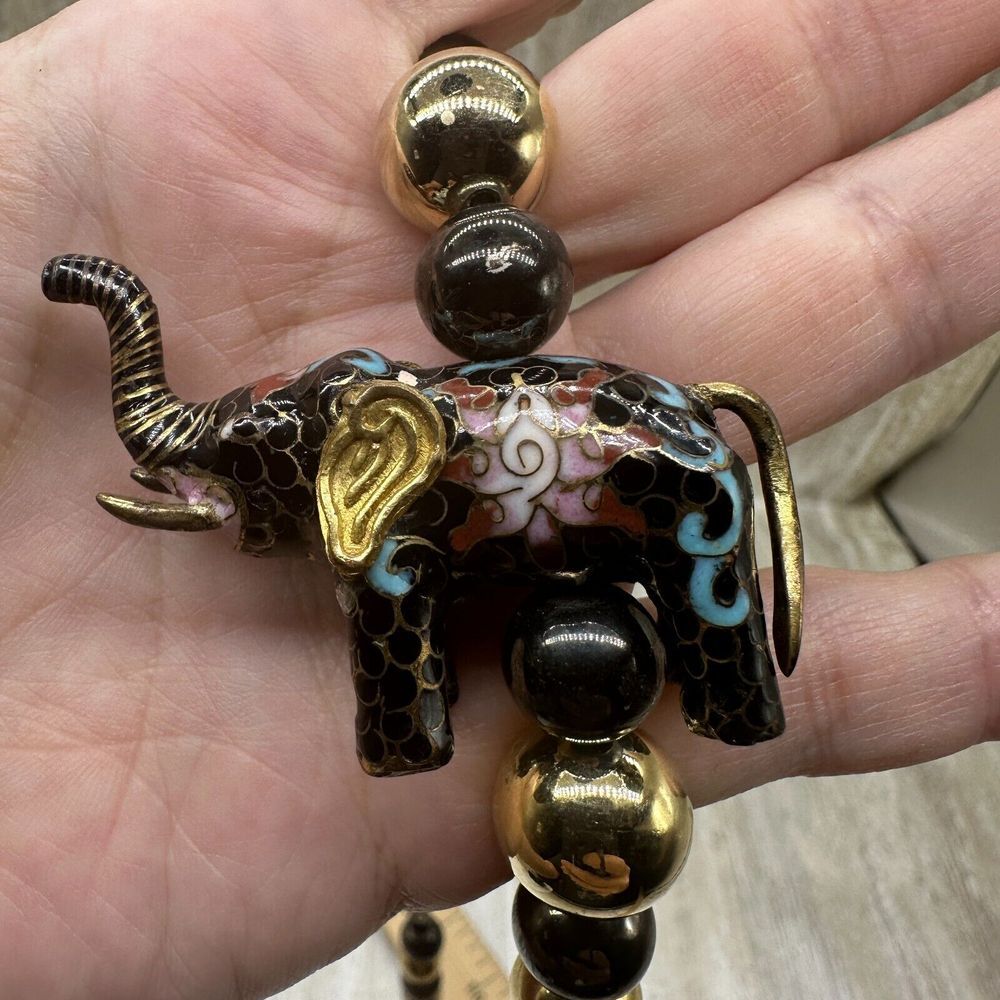 Vtg Elephant Metal Bead Strand Pendant Necklace Statement Tribal‎ Safari 30"